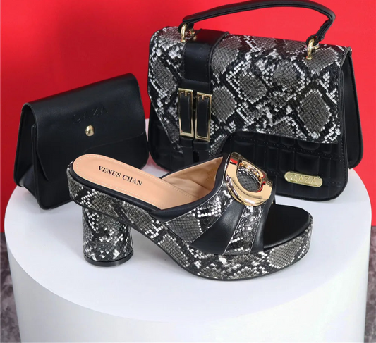 New Design Black Fashionable & Elegant Ladies High Heels Peep Toe Shoes with Matching Bag for Wedding Parties