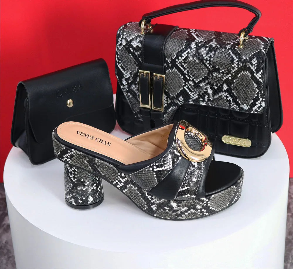 New Design Black Fashionable & Elegant Ladies High Heels Peep Toe Shoes with Matching Bag for Wedding Parties