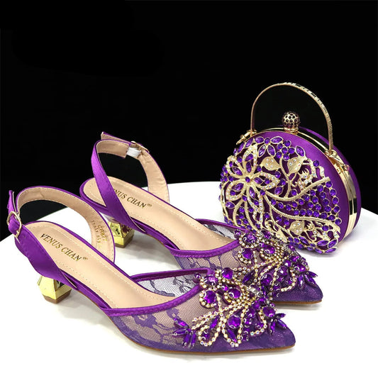 2025 Latest Shoe and Bag Set - Lace Mesh Design Women's Mid-Heel Pumps with Rhinestone Mini Bag for Party and Wedding