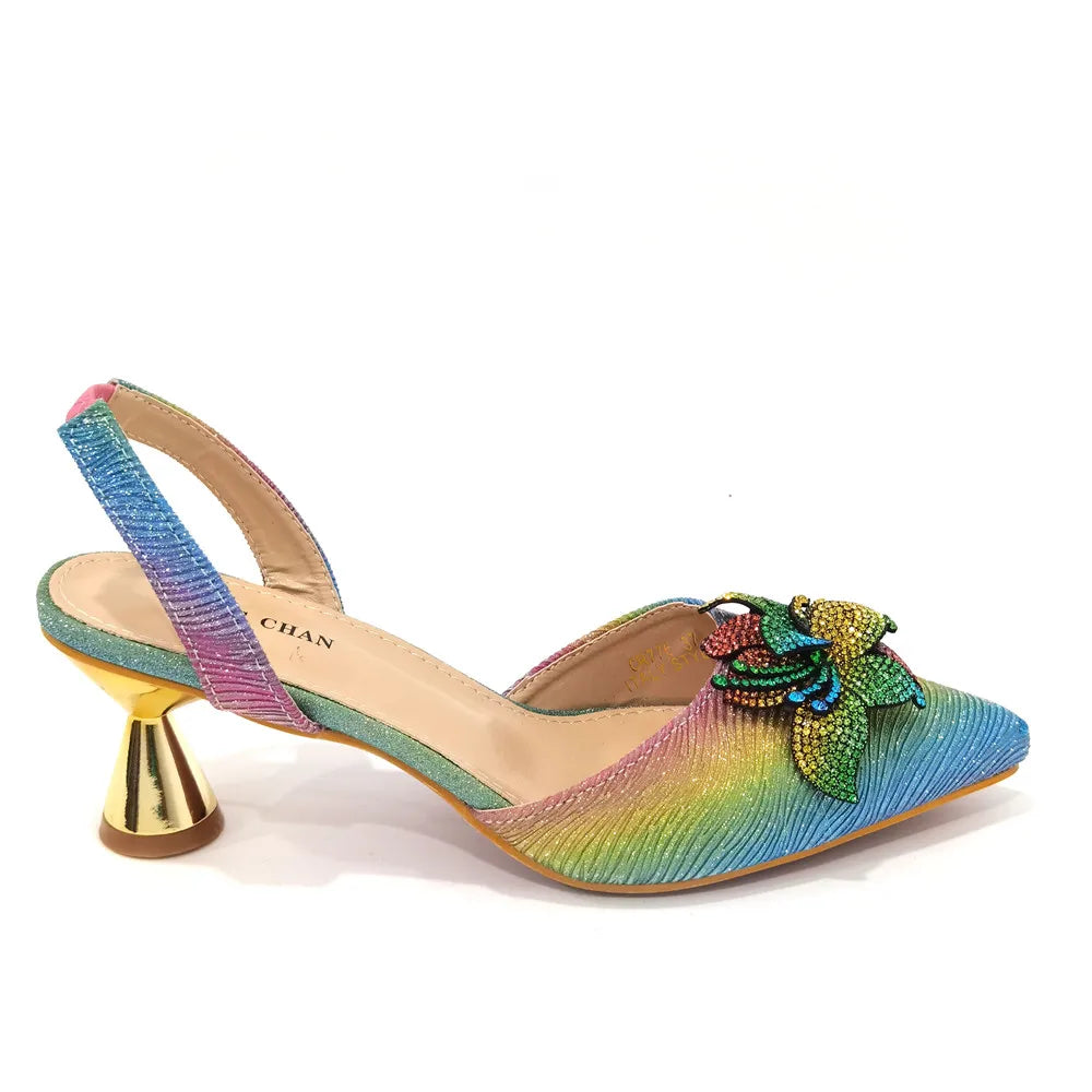 Elegant & Sexy Rainbow Color High Heels & Bag Set with Rhinestone-Embellished Toe - Comfortable Women's Party Shoes