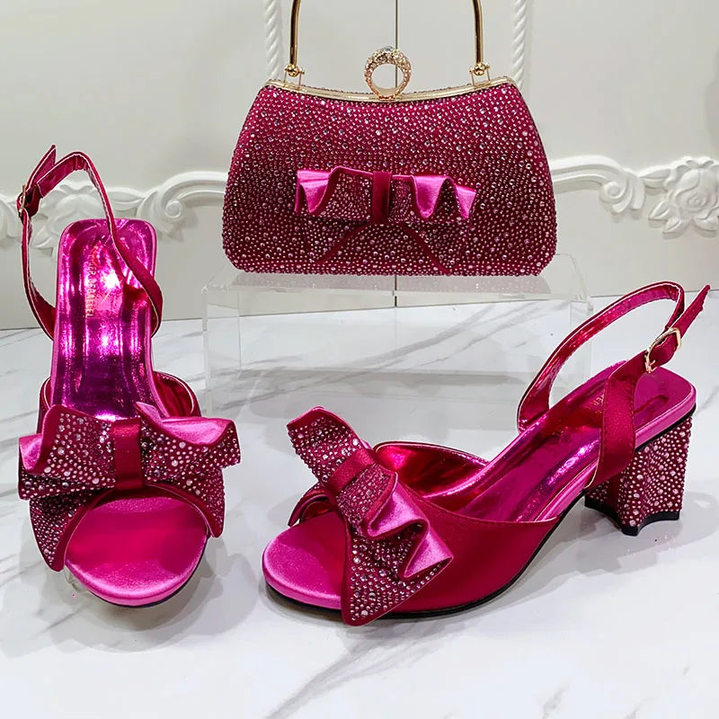 2025 Luxurious Round Toe Women's High Heels & Bag Set with Bowtie and Sparkling Diamonds for Exquisite Banquet Events