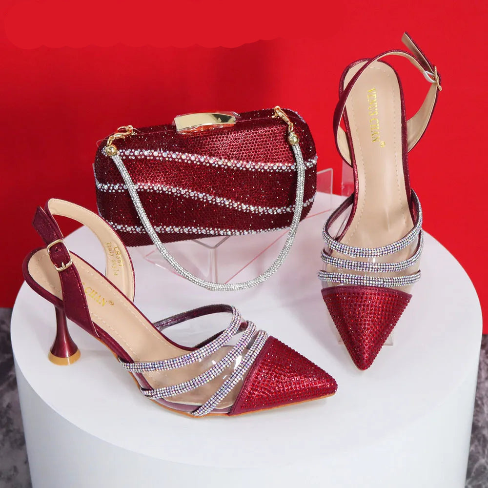 Newest Wine Color Elegant High Heels & Bag Set: Sexy Design for Ladies