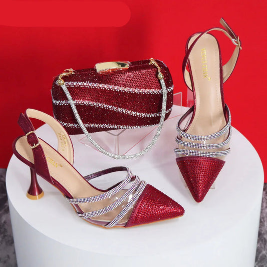 Newest Wine Color Elegant High Heels & Bag Set: Sexy Design for Ladies