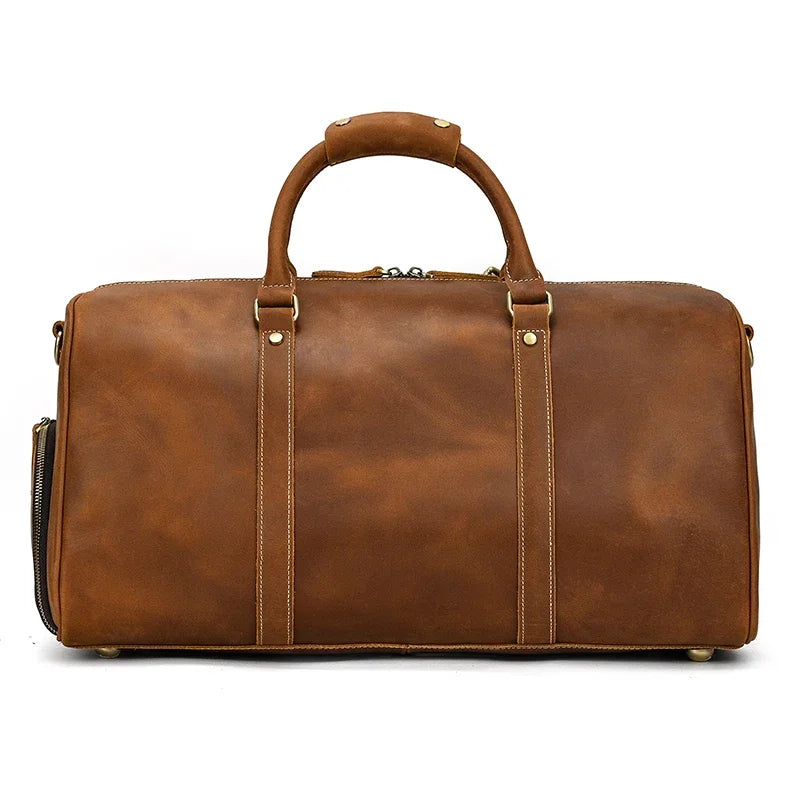 52cm Vintage Genuine Leather Travel Duffle Bag for Men: Large Cowhide Weekend Shoulder Bag