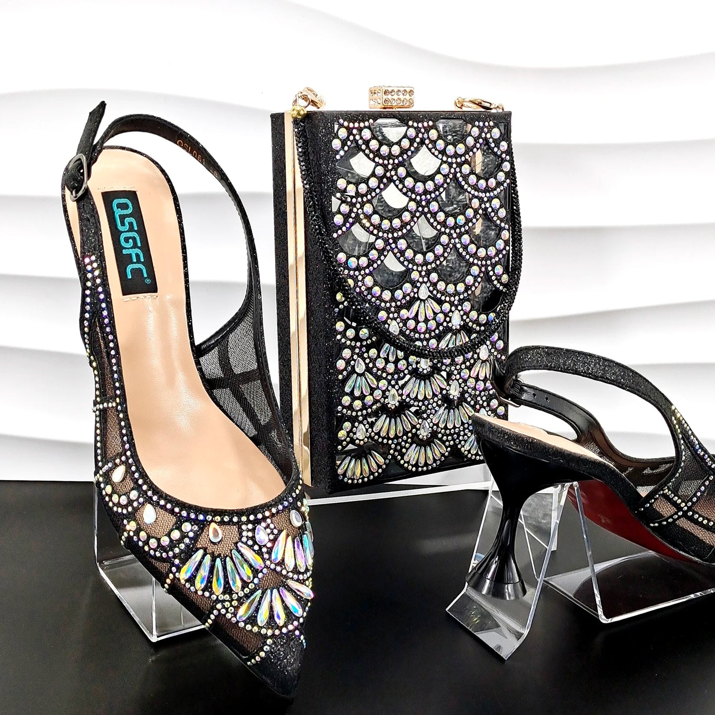 Fashion Trend Silver Glitter Fabric Pointed Toe High Heels & Matching Bag - Stylish Party Shoes for Ladies