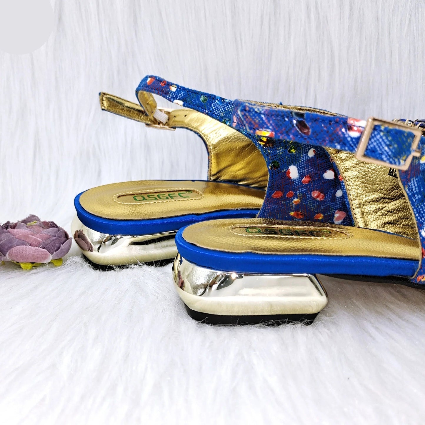 The Latest All-Match French Open-Toe Rhinestone Stiletto Low Heel Shoes & Royal Blue Women's Bag Set