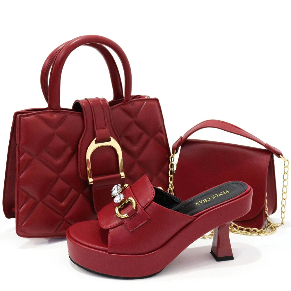 2025 Women's High Heel Shoes & Bags Collection: Open Toe Leather with Elegant Decoration