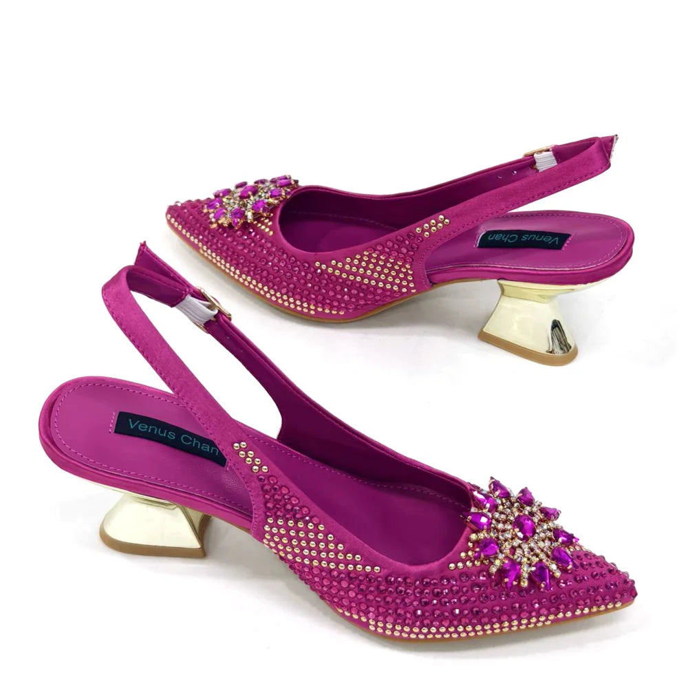 2025 New Design Specials: Italian Women’s Shoes and Bag Set in Fuchsia Color – Comfortable High Heels with Rhinestone Accents