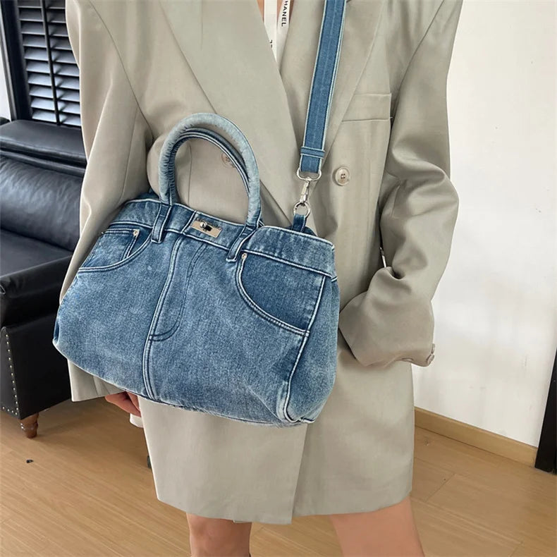 Women's Vintage Denim Tote Bag: Retro Personalized Large Capacity Shoulder Handbag