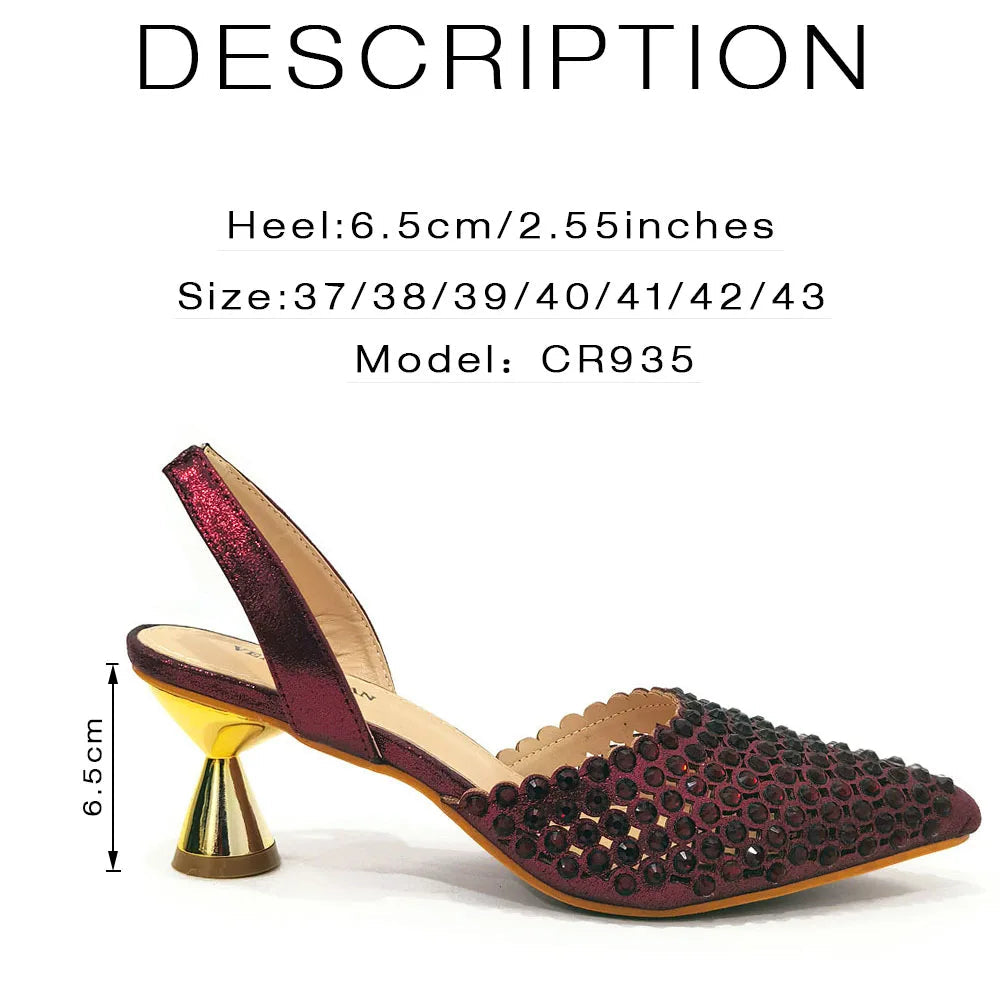 Pointed Toe Heels for Women 2025 – Elegant Party Wine Color Full Diamond Pumps with Italian Shoes and Bags Matching Set