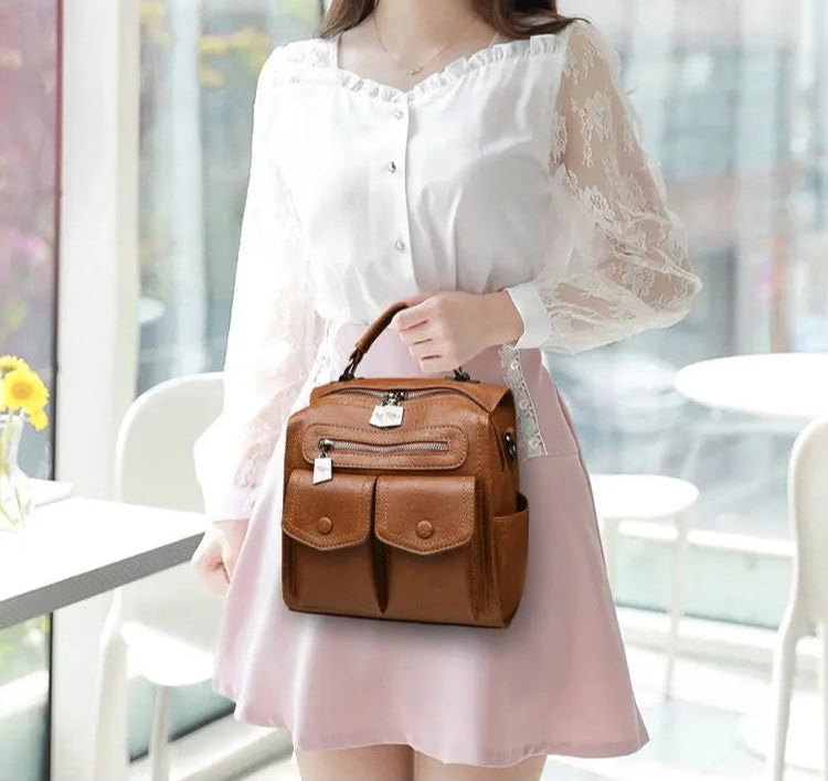 2025 New Fashion Backpack: Women's Casual Multi-Functional Leather Square Shoulder Bag