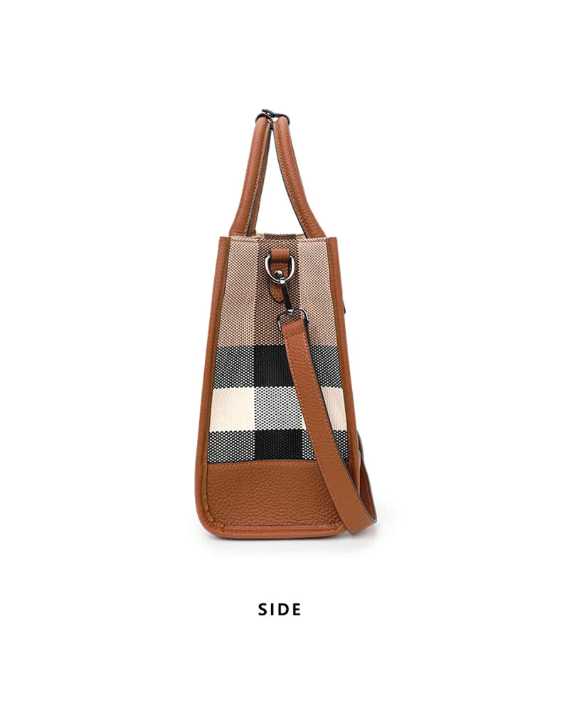 Plaid Canvas Women's Handbag: Classic Large Capacity Cowhide Crossbody & Shoulder Bag