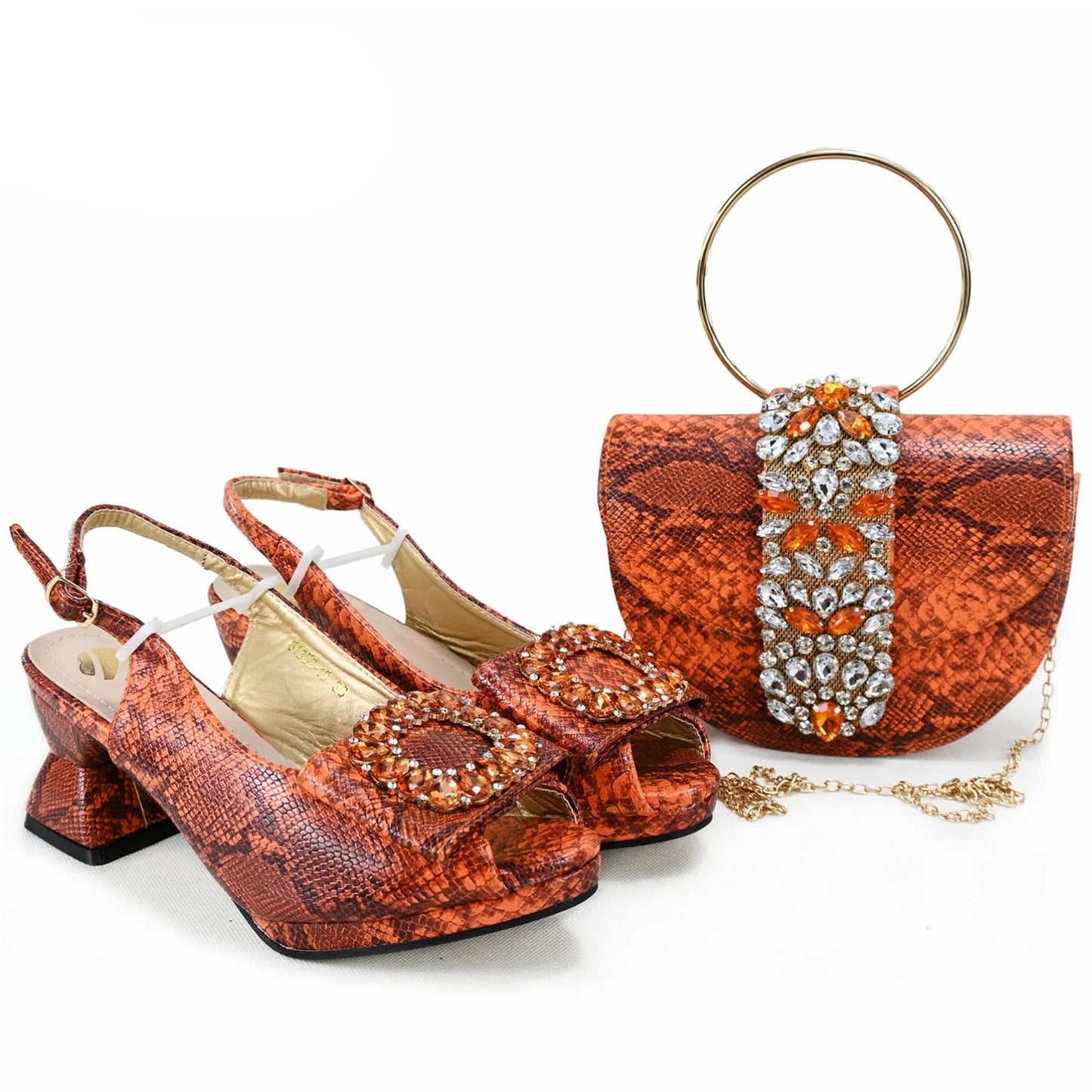 2025 Autumn Collection: Italian Women's Comfortable Mid Heel Shoes & Bag Set with Rhinestones in Vibrant Yellow