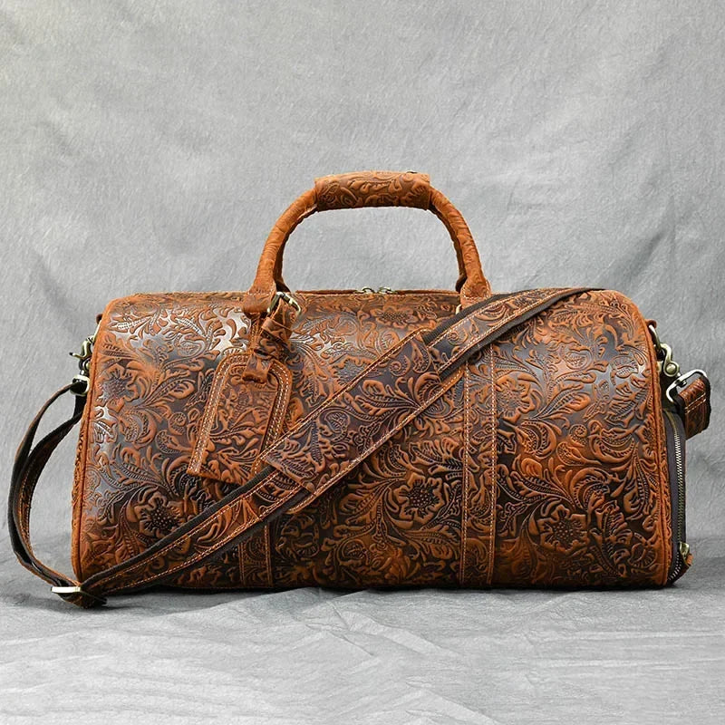 52cm Vintage Genuine Leather Travel Duffle Bag for Men: Large Cowhide Weekend Shoulder Bag