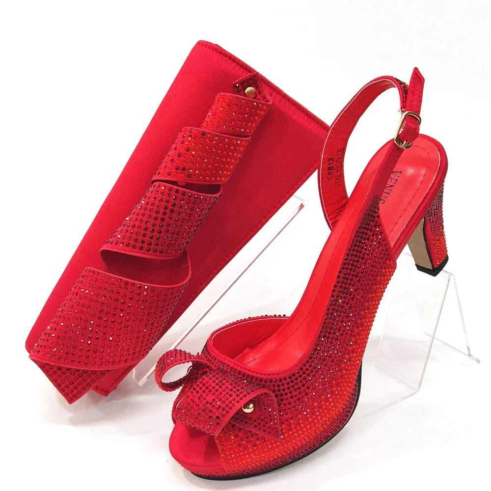 Newest Style: Peach Color Rhinestone Elegant High Heels – Popular Design Ladies Shoes and Bag Set