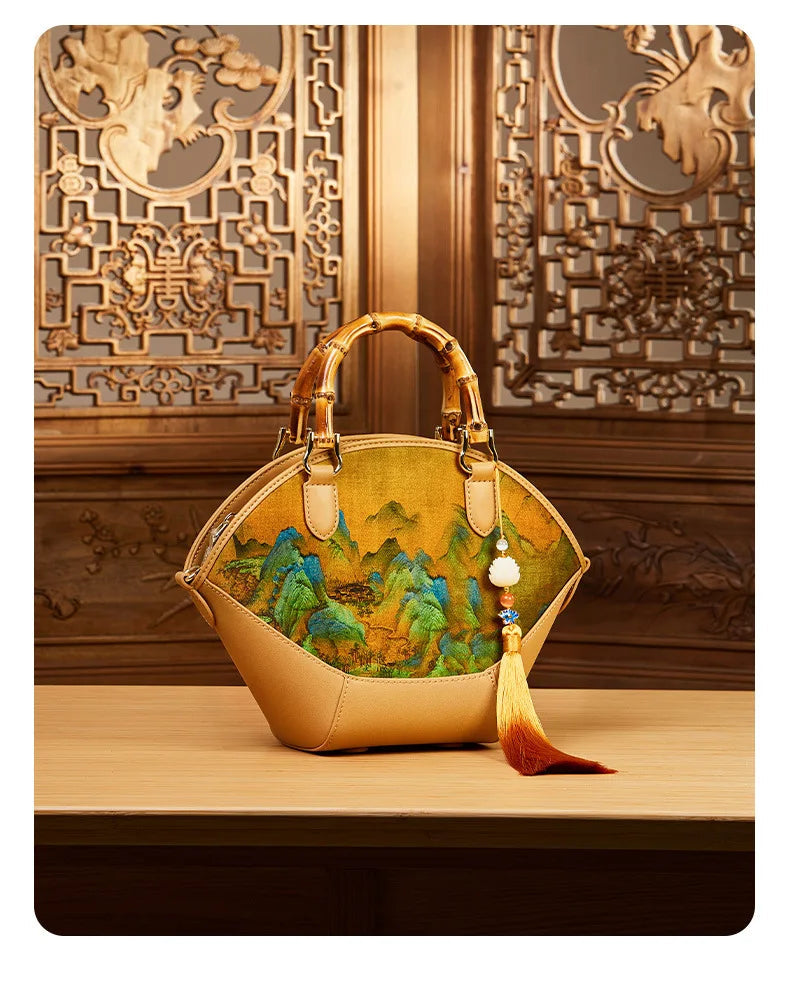 Luxury Hanfu Handbag: Women's Genuine Leather Shoulder Bag with Mulberry Silk - Cheongsam Style