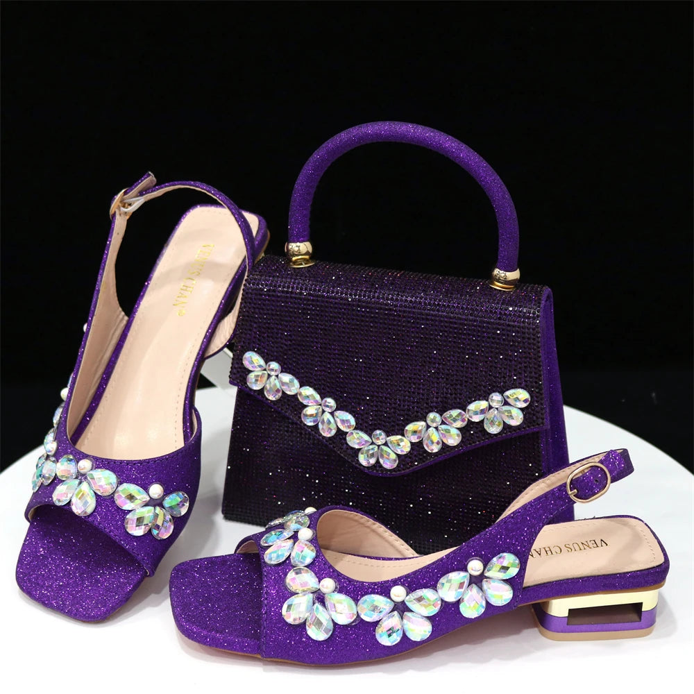 2025 Italian Fashion Women's Heels & Bag Set: Elegant Flower Decoration with Rhinestones