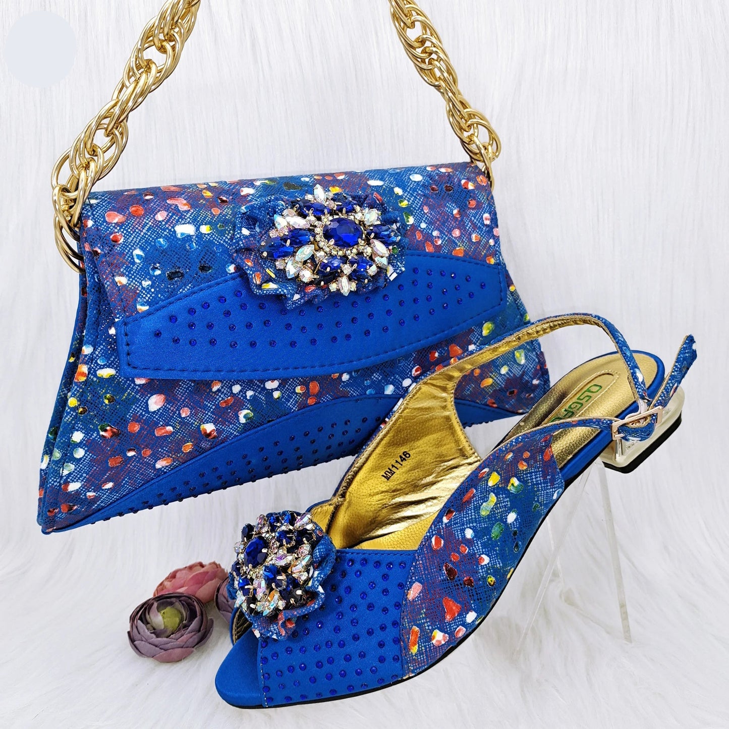 The Latest All-Match French Open-Toe Rhinestone Stiletto Low Heel Shoes & Royal Blue Women's Bag Set