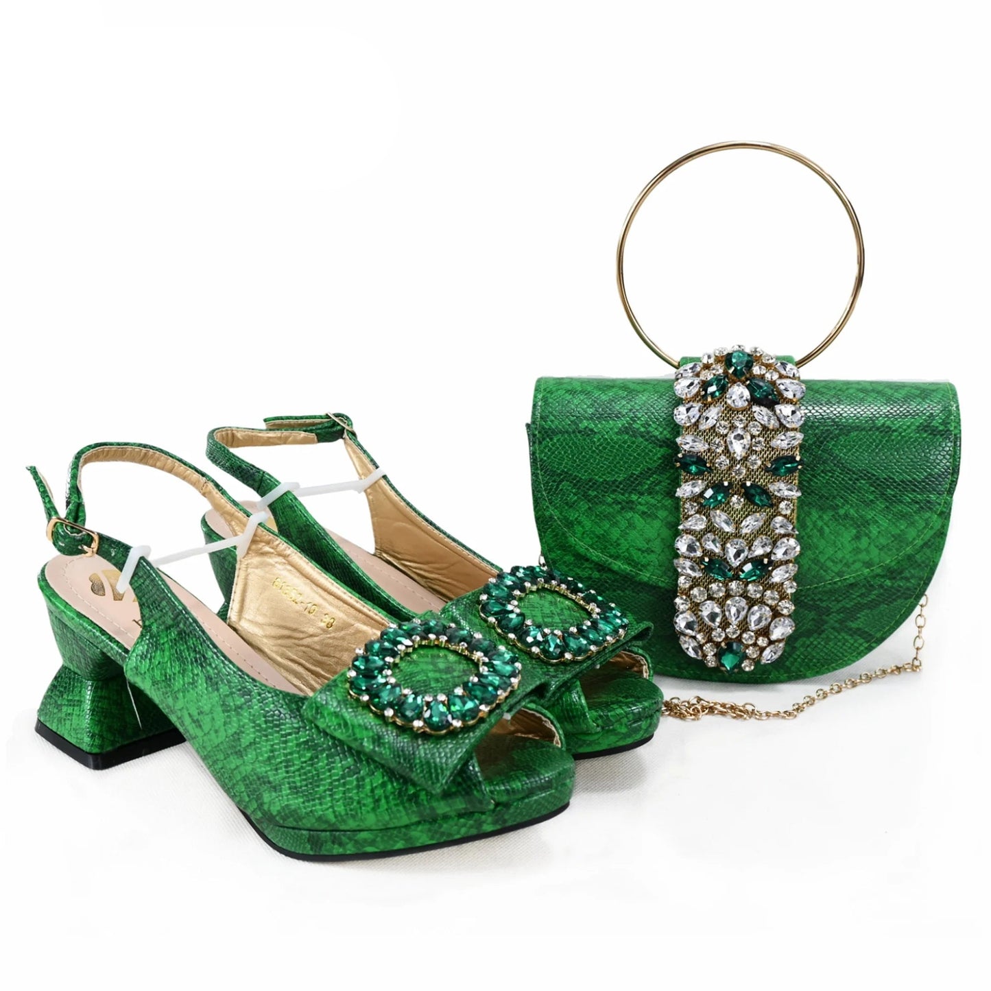 2025 Autumn Collection: Italian Women's Comfortable Mid Heel Shoes & Bag Set with Rhinestones in Vibrant Yellow