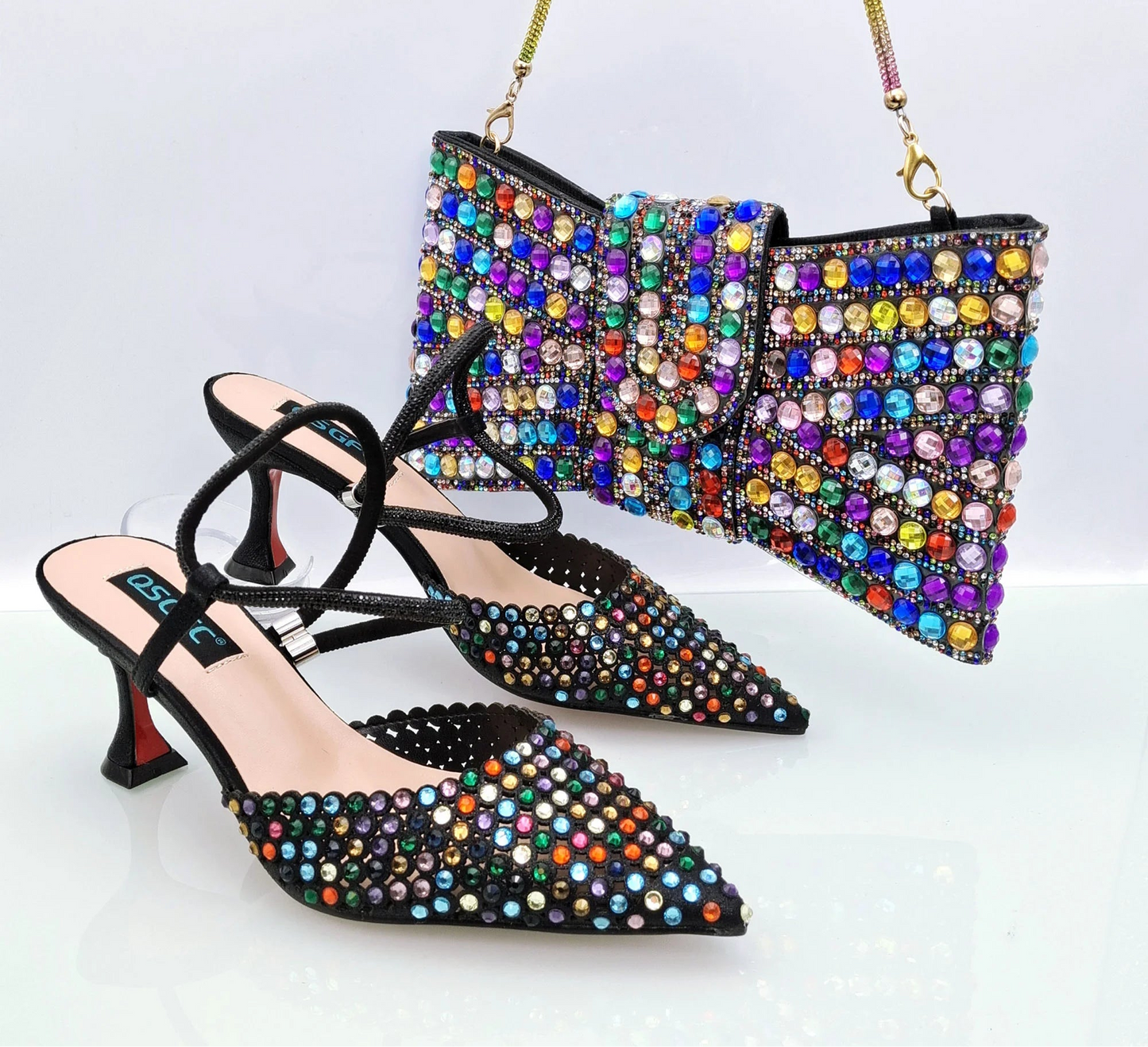 Hot Selling Italian Design Women's Crystal High Heel Sandals & Matching Bag Set - Perfect for Party and Wedding