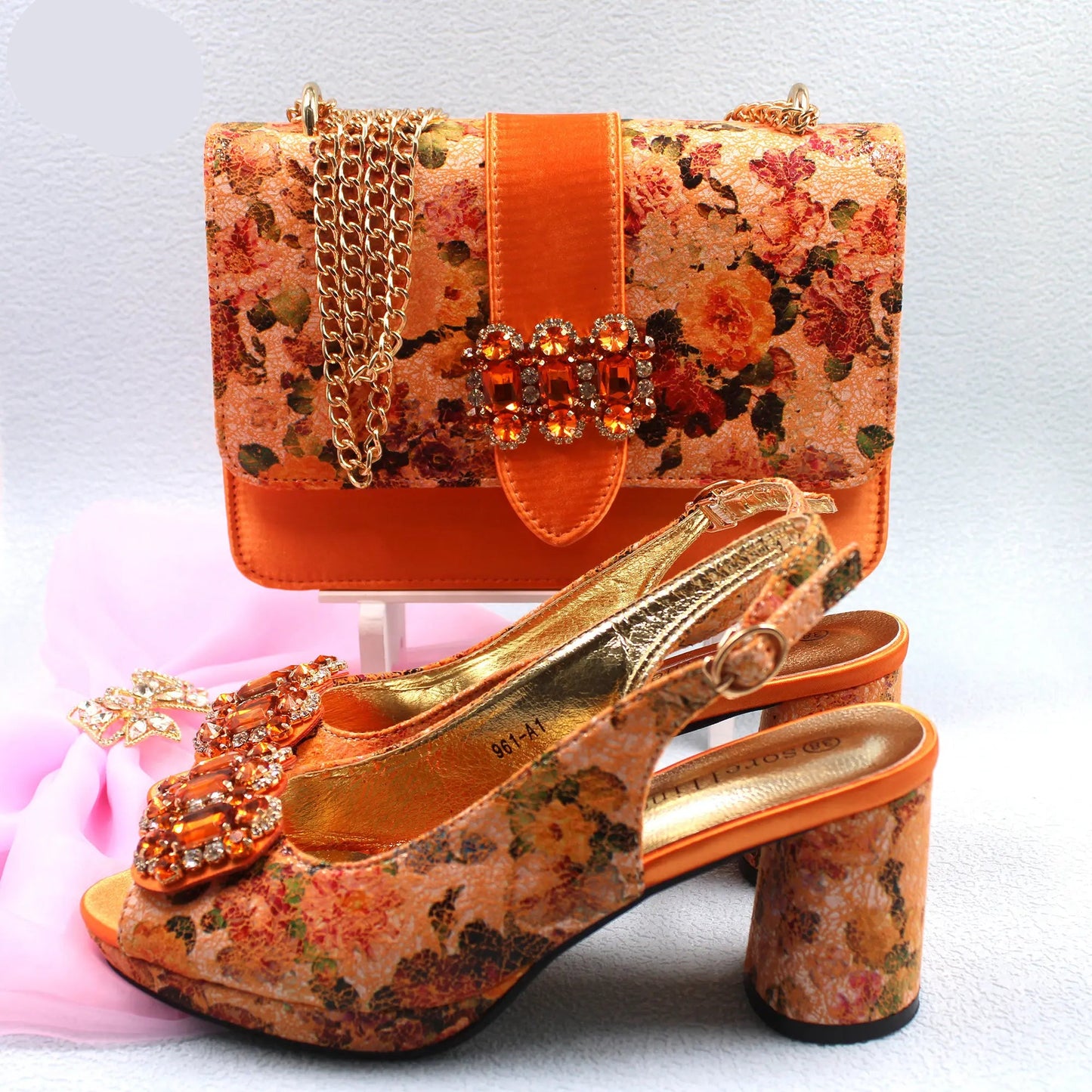 2025 Elegant Yellow Comfort Heels & Bag Set for Women - High-Quality Italian Design with Sparkling Crystals