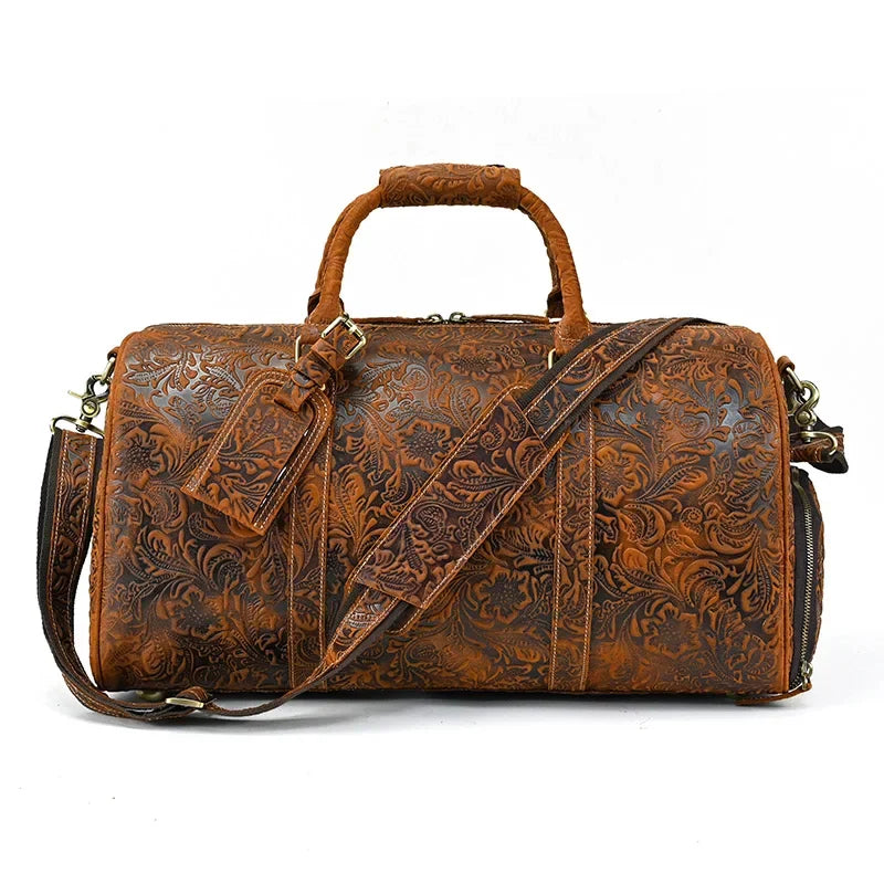 52cm Vintage Genuine Leather Travel Duffle Bag for Men: Large Cowhide Weekend Shoulder Bag