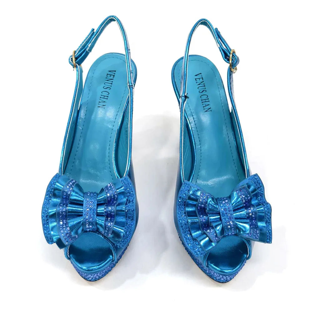 2025 New Designer Italian Women's Heels & Bag Set: Sky Blue with Rhinestones for Parties