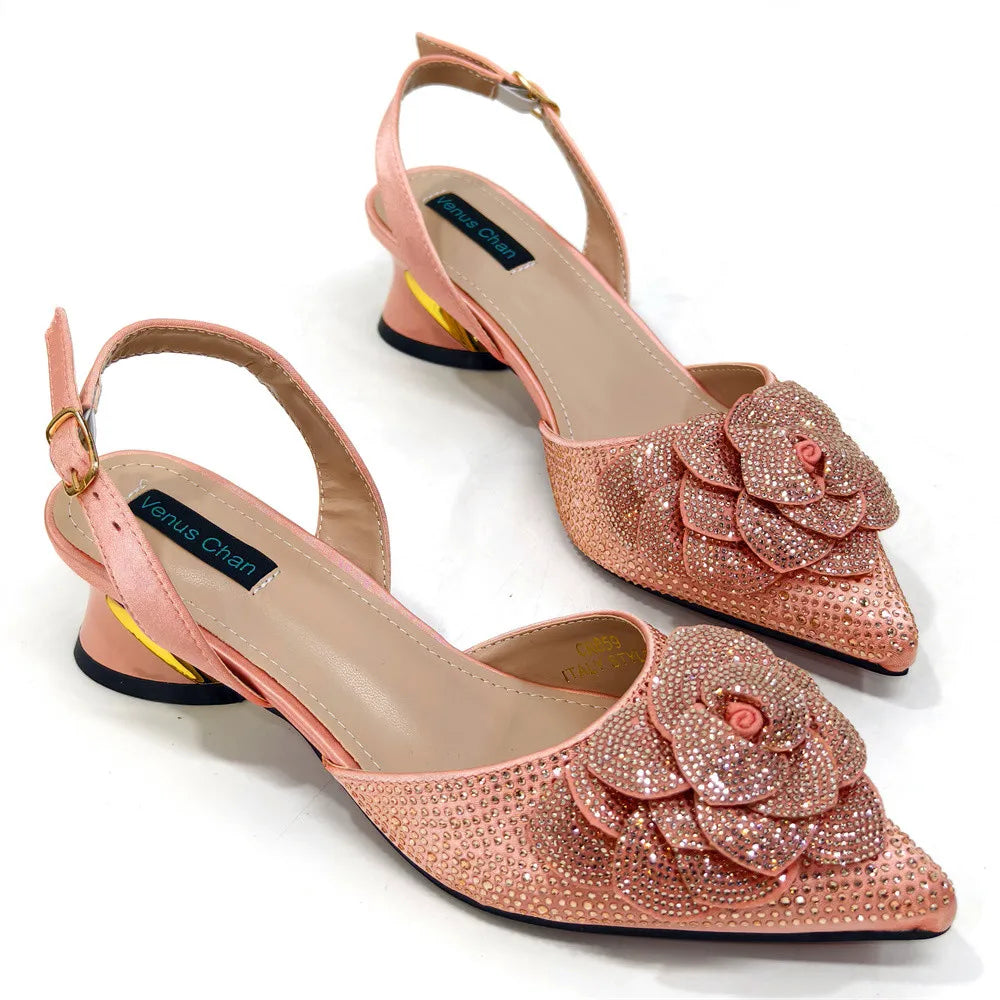 Peach Color Elegant Lady Shoes & Bag Set: Rhinestone Embellished with Pearl Knot