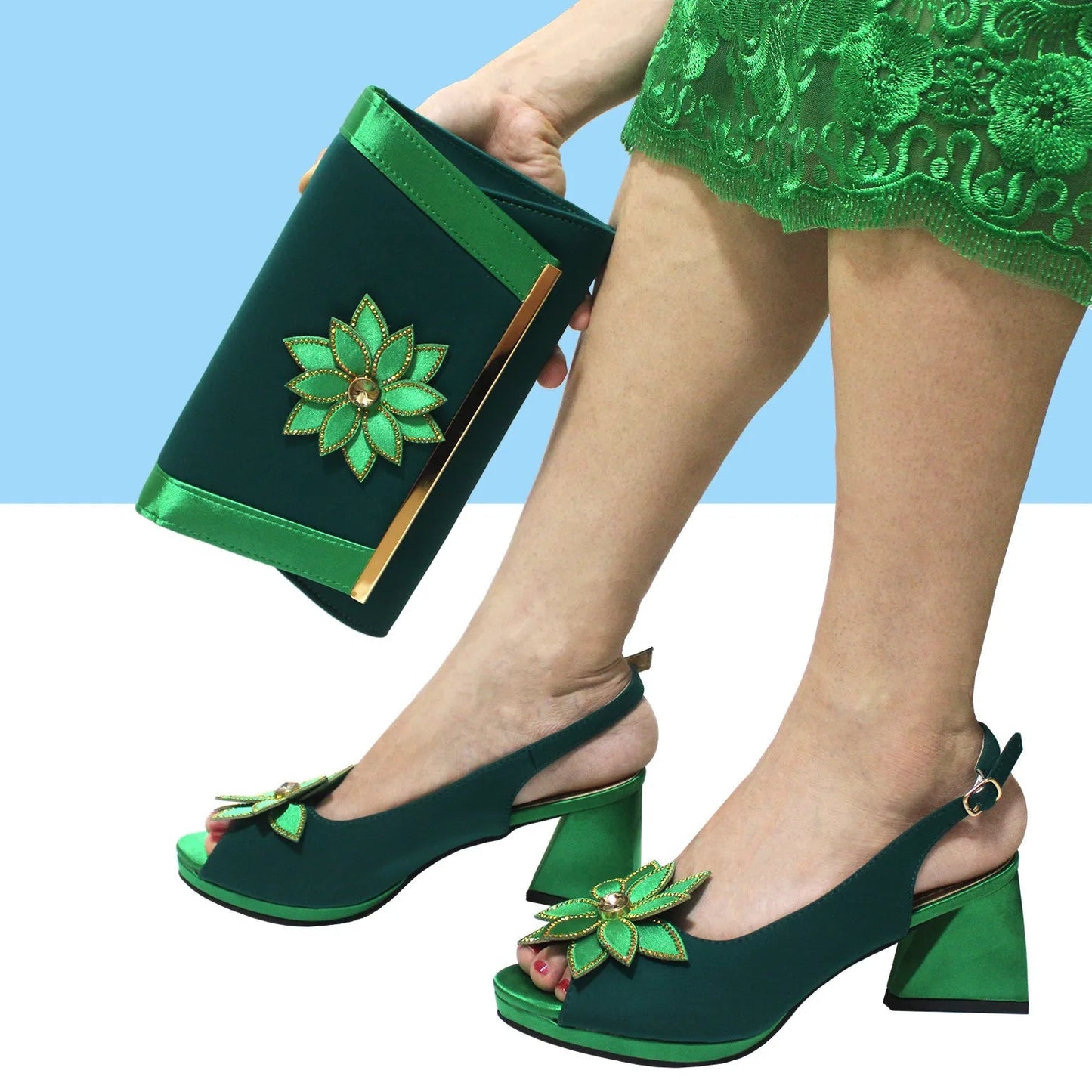 New Design Italian Women’s Shoes and Bag Set in Green - High-Quality Comfortable Heels with Appliqués for Weddings