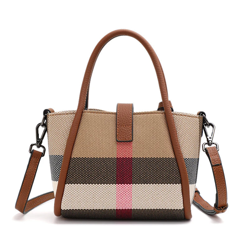 Women's Mini Plaid Handbag: Canvas & Cowhide - Brown