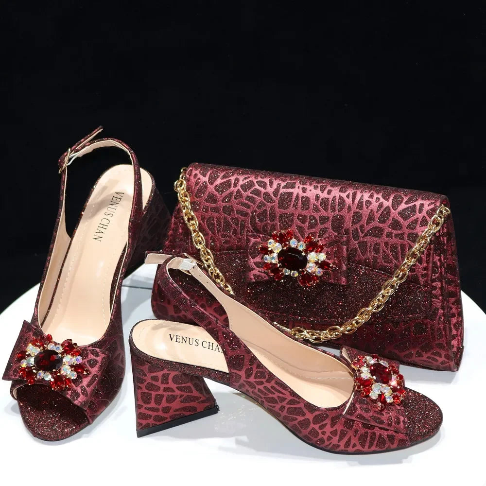 2025 New Fashion Italian Shoes and Bag Sets - Colorful Handbags with Stones for Evening Parties