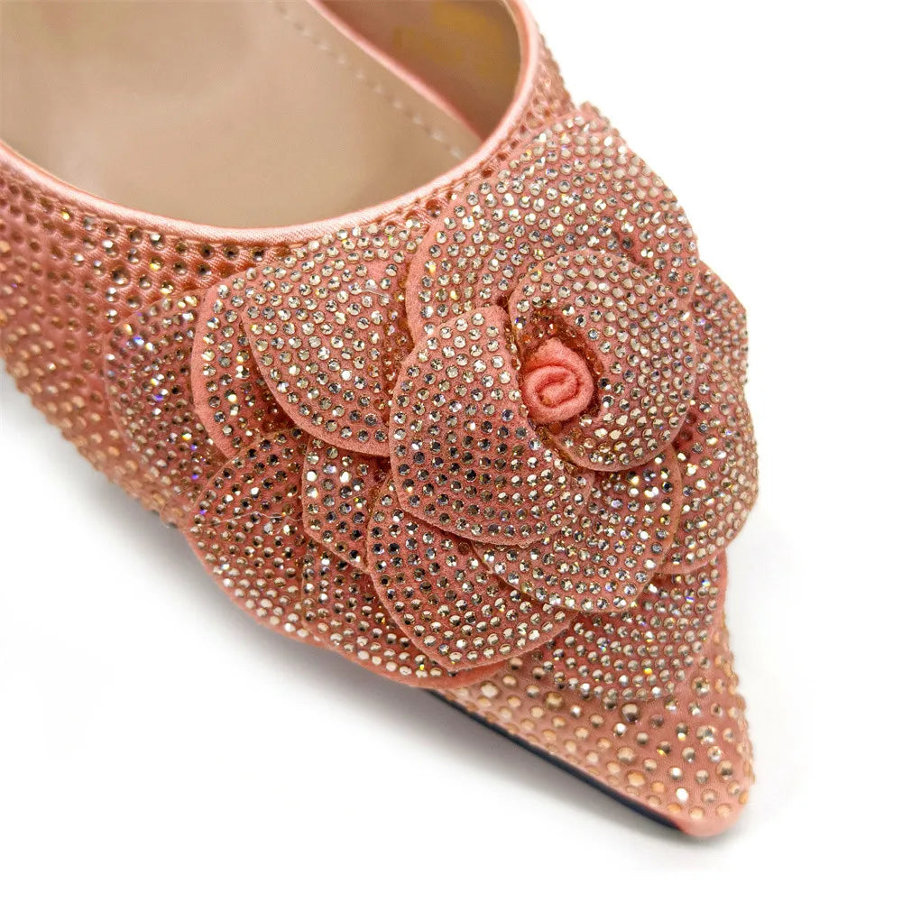 Peach Color Elegant Lady Shoes & Bag Set: Rhinestone Embellished with Pearl Knot