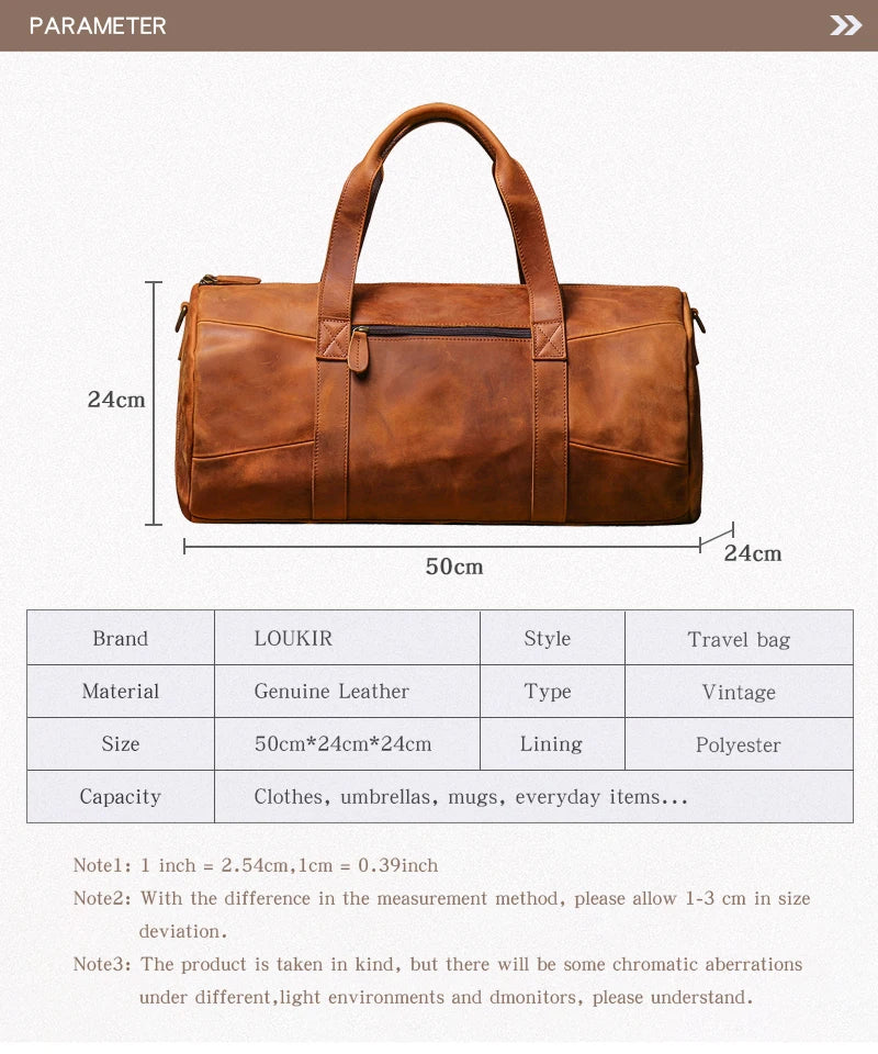 Luxury Genuine Leather Travel Bag – Vintage Cowhide Shoulder Luggage Bag for Men | Casual Handbag and Weekend Duffle Bag