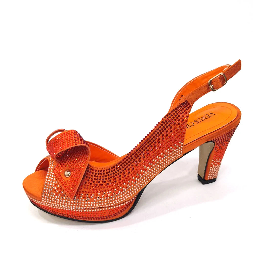 Newest Style: Peach Color Rhinestone Elegant High Heels – Popular Design Ladies Shoes and Bag Set