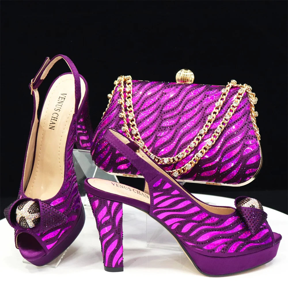 New Arrival: Black Color Women's Heel Shoes Matching Bag Set – Butterfly Design for Wedding Parties