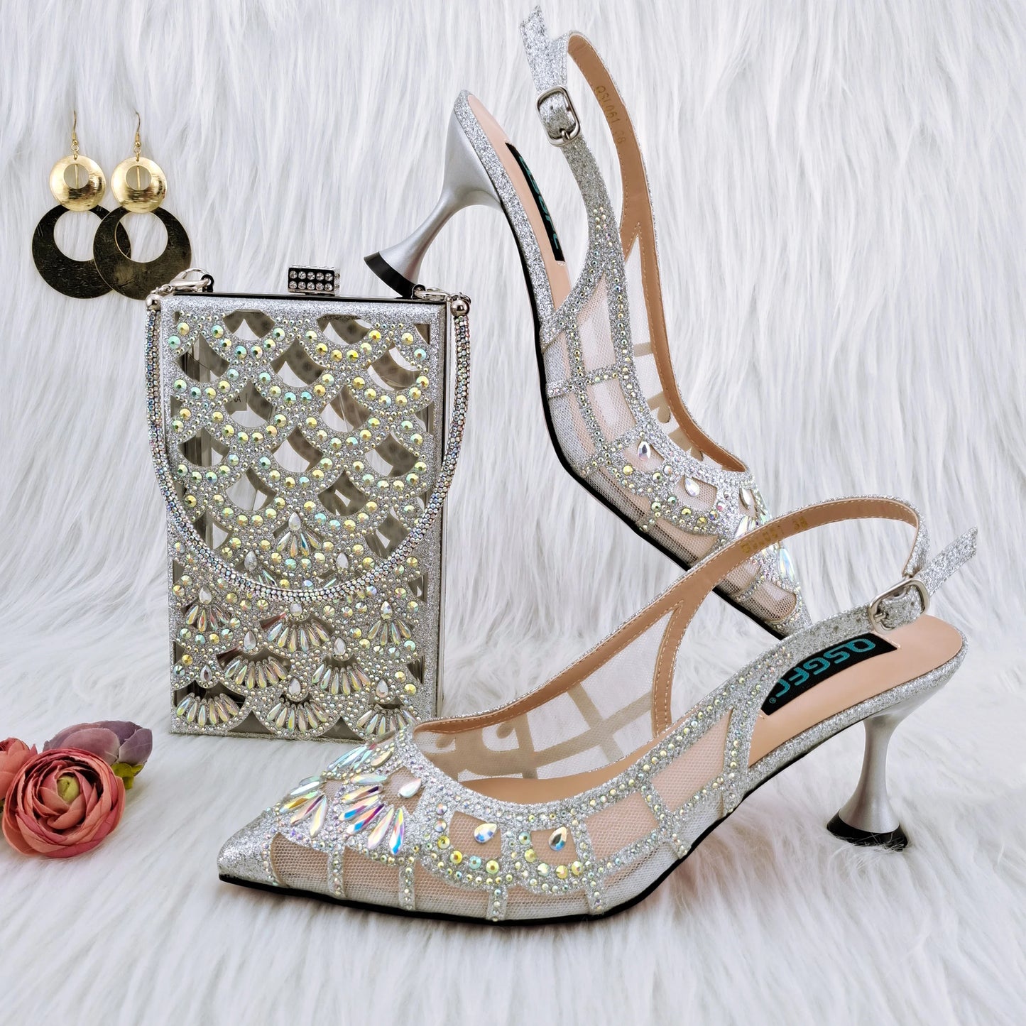 Fashion Trend Silver Glitter Fabric Pointed Toe High Heels & Matching Bag - Stylish Party Shoes for Ladies