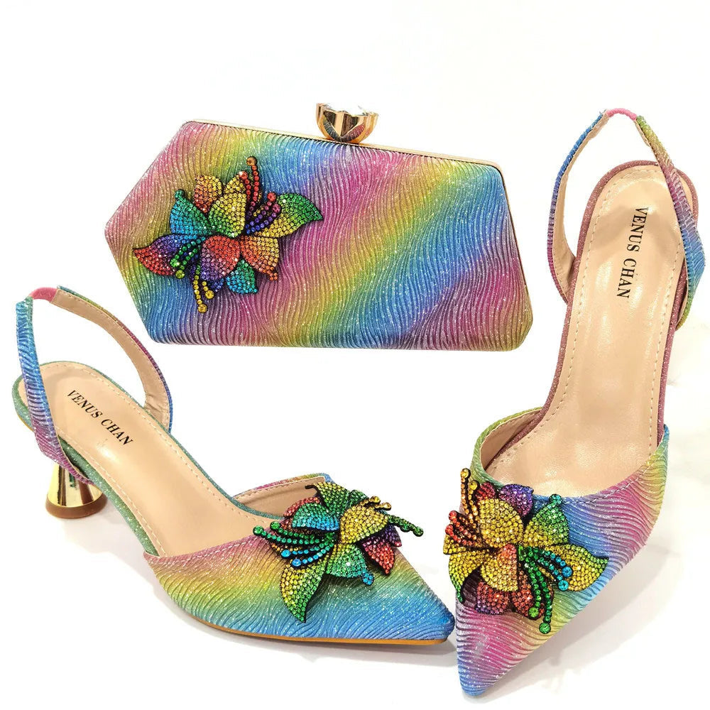 Elegant & Sexy Rainbow Color High Heels & Bag Set with Rhinestone-Embellished Toe - Comfortable Women's Party Shoes