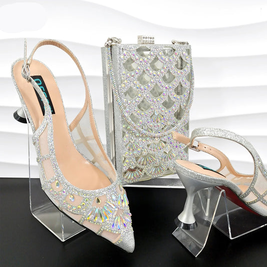 Fashion Trend Silver Glitter Fabric Pointed Toe High Heels & Matching Bag - Stylish Party Shoes for Ladies