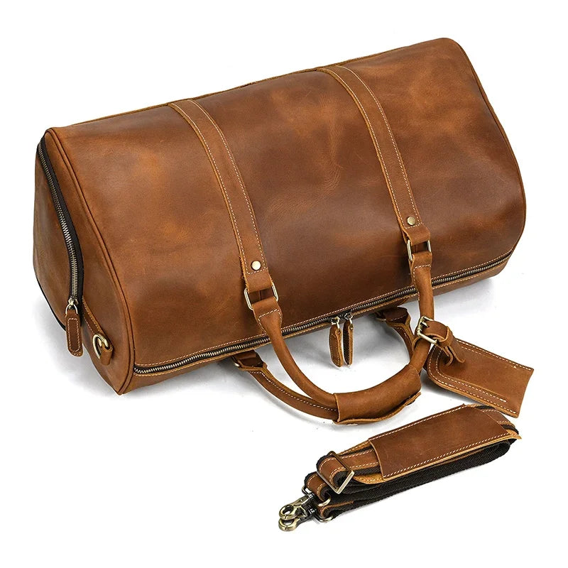 52cm Vintage Genuine Leather Travel Duffle Bag for Men: Large Cowhide Weekend Shoulder Bag