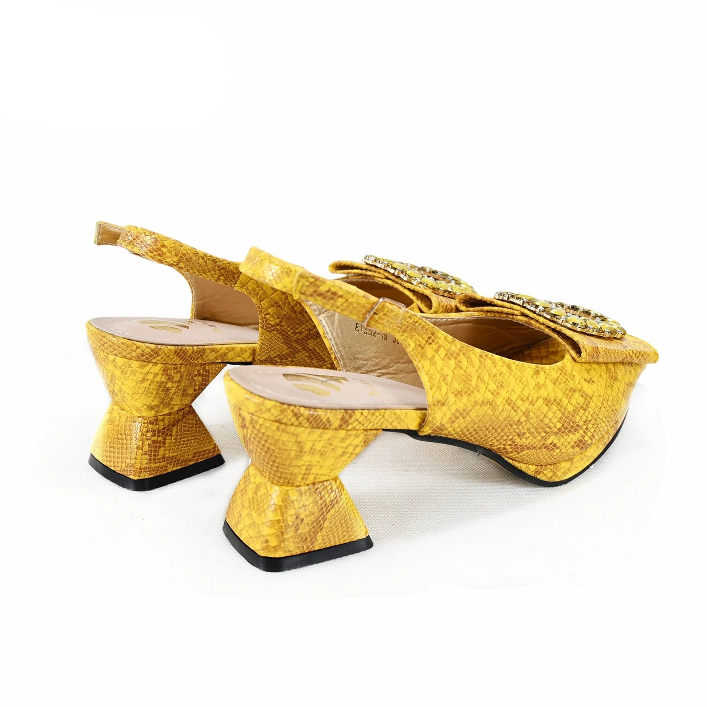 2025 Autumn Collection: Italian Women's Comfortable Mid Heel Shoes & Bag Set with Rhinestones in Vibrant Yellow