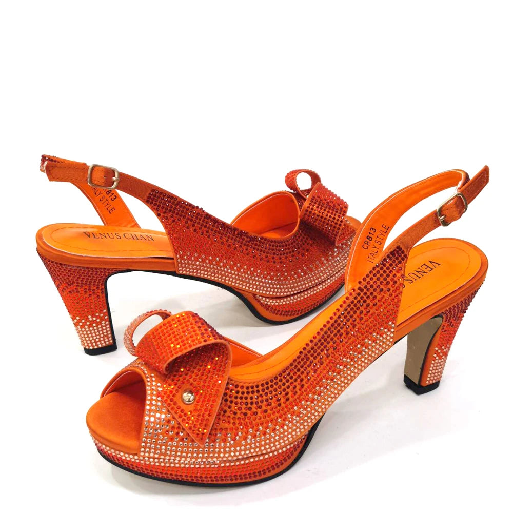 Newest Style: Peach Color Rhinestone Elegant High Heels – Popular Design Ladies Shoes and Bag Set