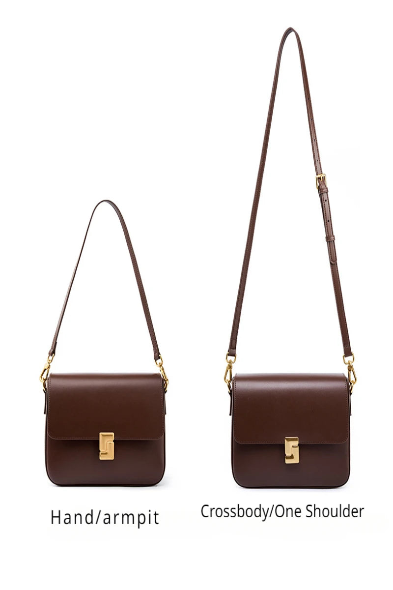 2025 Women's Gold Buckle Real Leather Bag: Small Square Crossbody & Tote