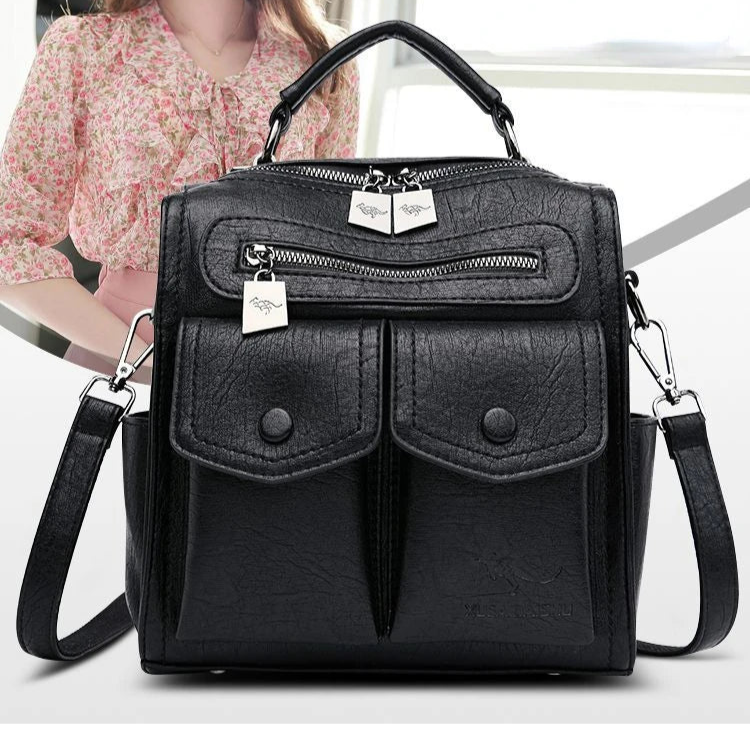 2025 New Fashion Backpack: Women's Casual Multi-Functional Leather Square Shoulder Bag