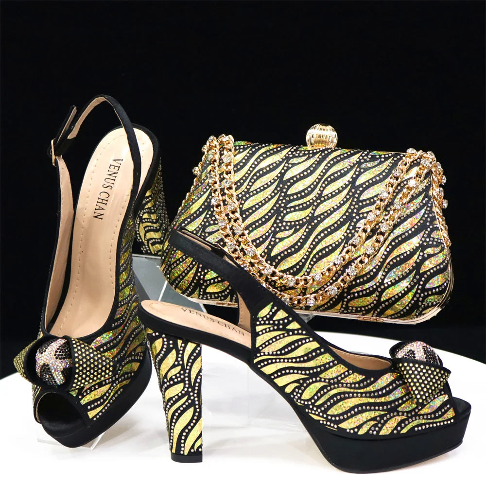 New Arrival: Black Color Women's Heel Shoes Matching Bag Set – Butterfly Design for Wedding Parties