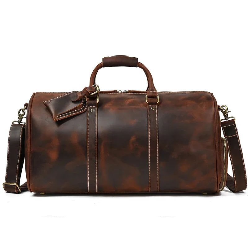 52cm Vintage Genuine Leather Travel Duffle Bag for Men: Large Cowhide Weekend Shoulder Bag