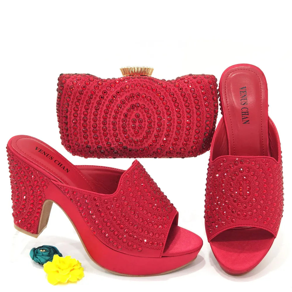 2025 Italian Style Women’s Banquet Shoes & Bag Set: Rhinestone Decoration with High Heels