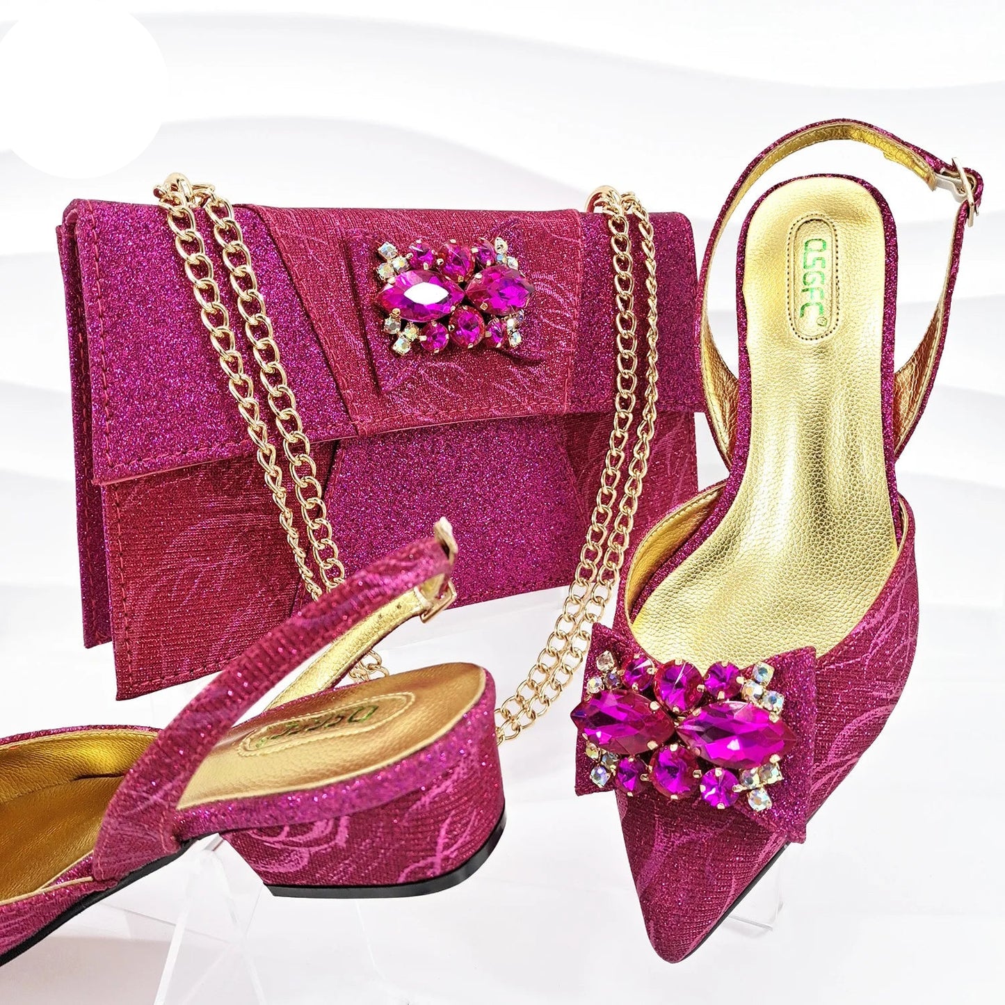 Elegant Mother Style Fuchsia Crystal Low Heel Shoes & Three-Dimensional Capacity Bag - Commuter Women's Footwear Set