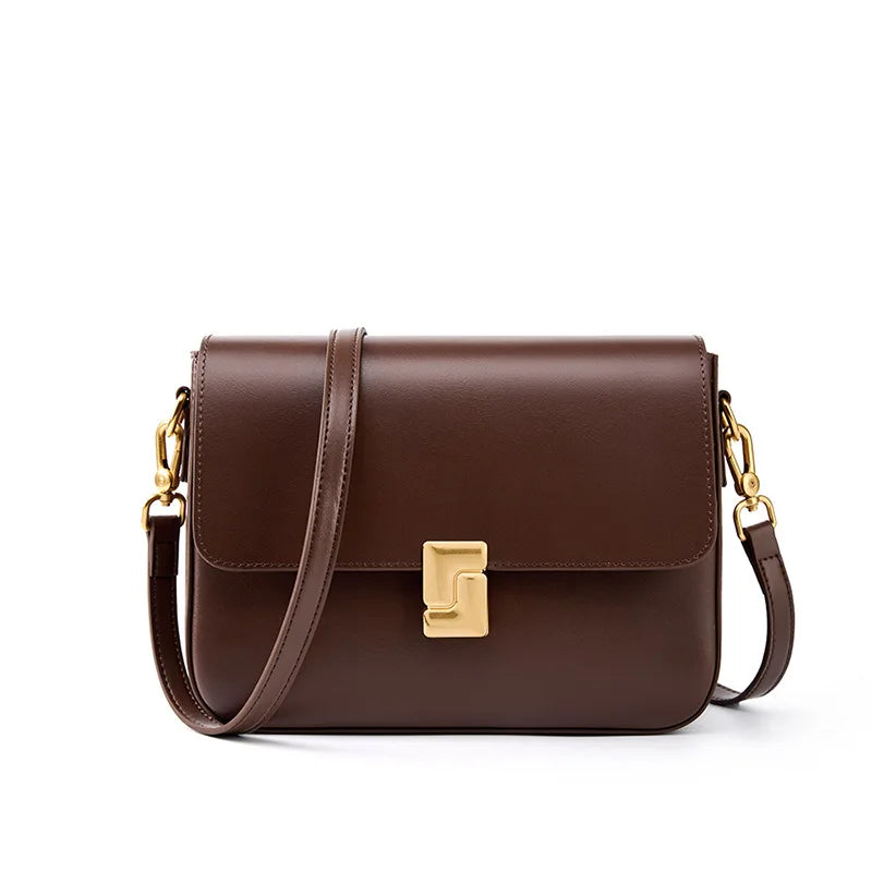 2025 Women's Gold Buckle Real Leather Bag: Small Square Crossbody & Tote