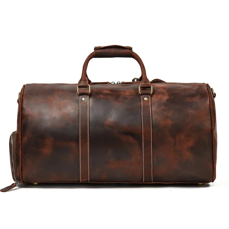 52cm Vintage Genuine Leather Travel Duffle Bag for Men: Large Cowhide Weekend Shoulder Bag