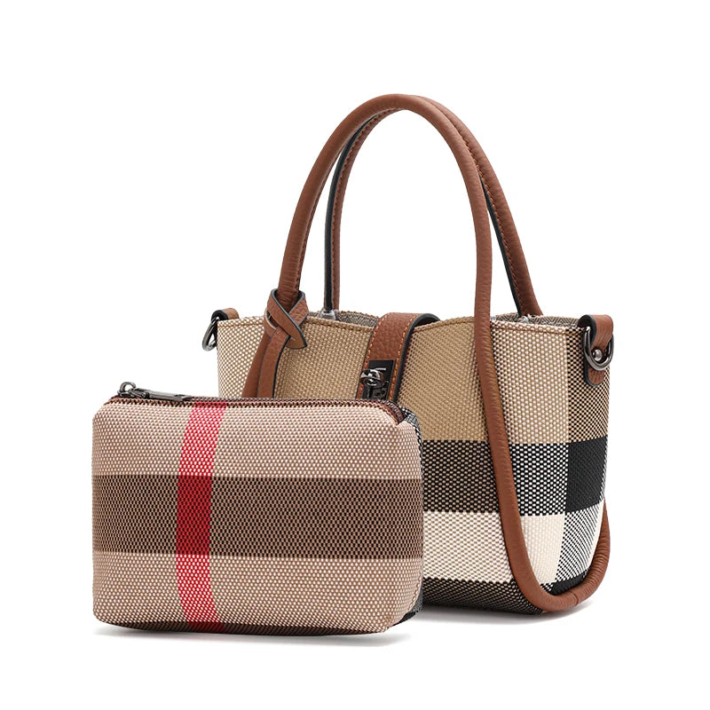 Women's Mini Plaid Handbag: Canvas & Cowhide - Brown